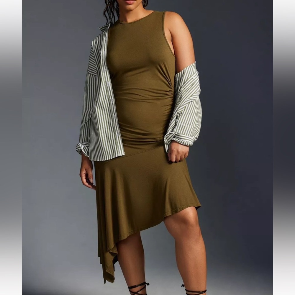 NWT Anthropologie Daily Practice Sleeveless Side-Ruched Olive Green Dress | 1X